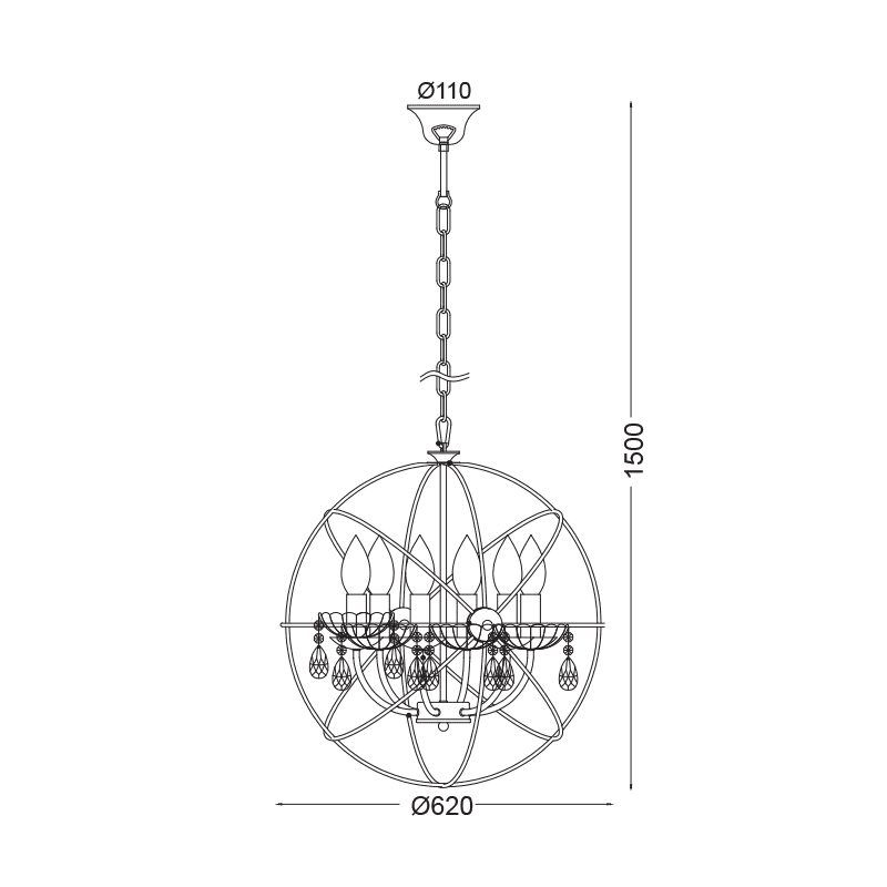 Κρεμαστο Φ/Σ 6Χε14 Μεταλλικο Νικελ Ματ+Κρυσταλλα Φ60Χη150Cm Catania - Image 2
