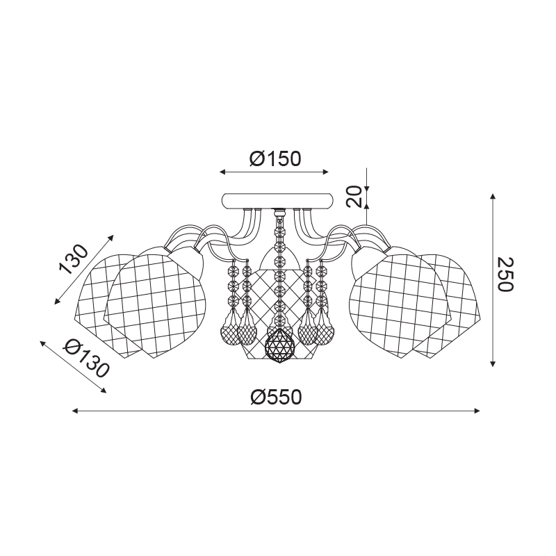 Netto Φ/Σ Οροφησ 5Χε27 Μεταλ Πατινα+Γυαλι+Κρυσταλλα Φ55Χη22,5Cm Oporto - Image 2