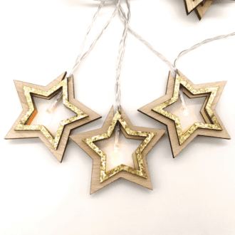 "Wooden Gold Glitter Stars", 10 Led Λαμπ. Σειρα Μπατ. (3Xaa), Ww, Ip20, 135+30Cm, Διαφ. Καλ. Τροφ.