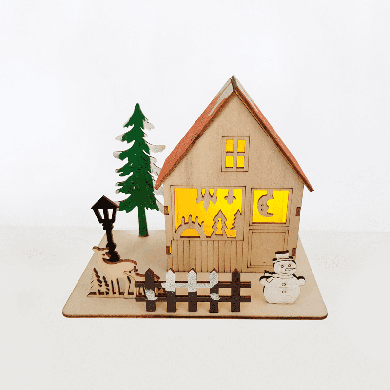 "Wooden Xmas House", 1 Mini Led Λαμπ. Μπατ. (3Xlr44), Ww,Ip20, 16X10X13Cm