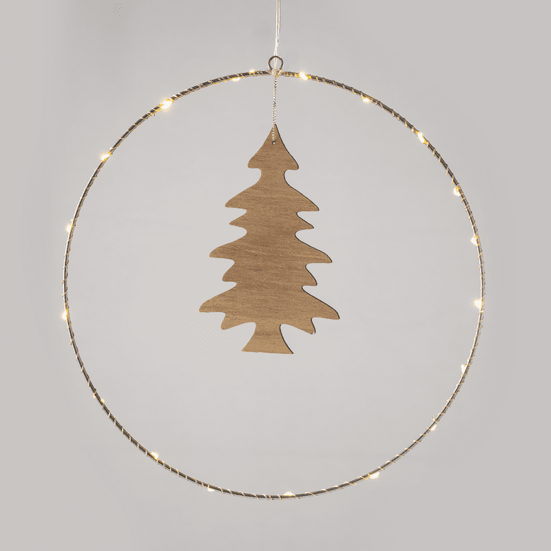 "Hanging Circle Wooden Tree" 20 Mini Led Ww Λ/Κια Μπ/Ριεσ (3Aa) Ip20 Φ30Cm (9.5Χ16Cm), 30Cm Διαφ.