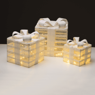 Set "White Gift Box, Burlap Bow" 75(15+25+35) Ww Led  Μπατ. 3*3Αα Ip20 17,23,28.5Cm