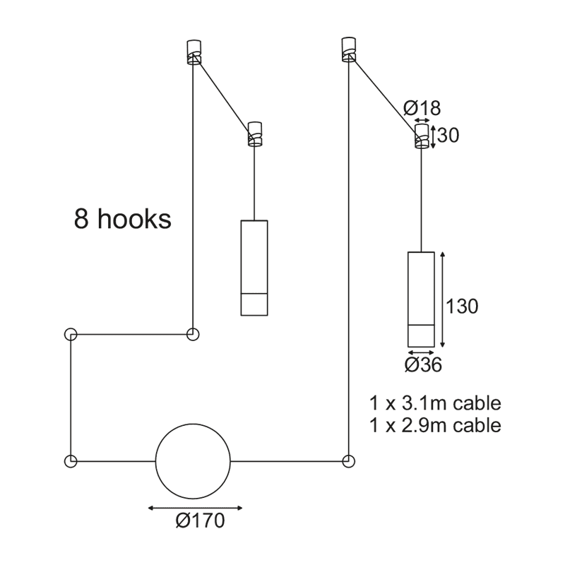 Κρεμαστο/Οροφησ Φ/Σ 2Χg9 Μαυρο Αλουμινιο 2X D3,6Xh13Cm Καλωδιο 2,9-3,1M 8Hooks Teres - Image 2